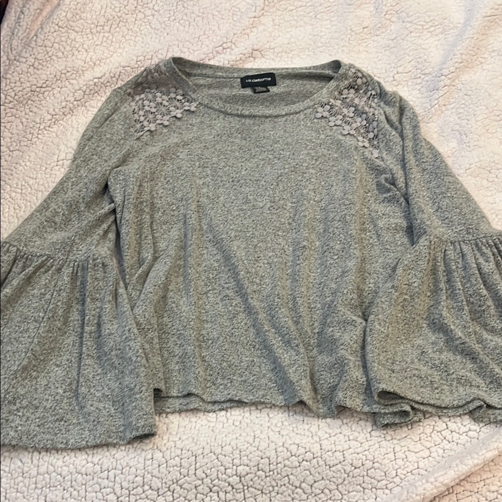 Gray Lace Accent Bell Sleeve Top